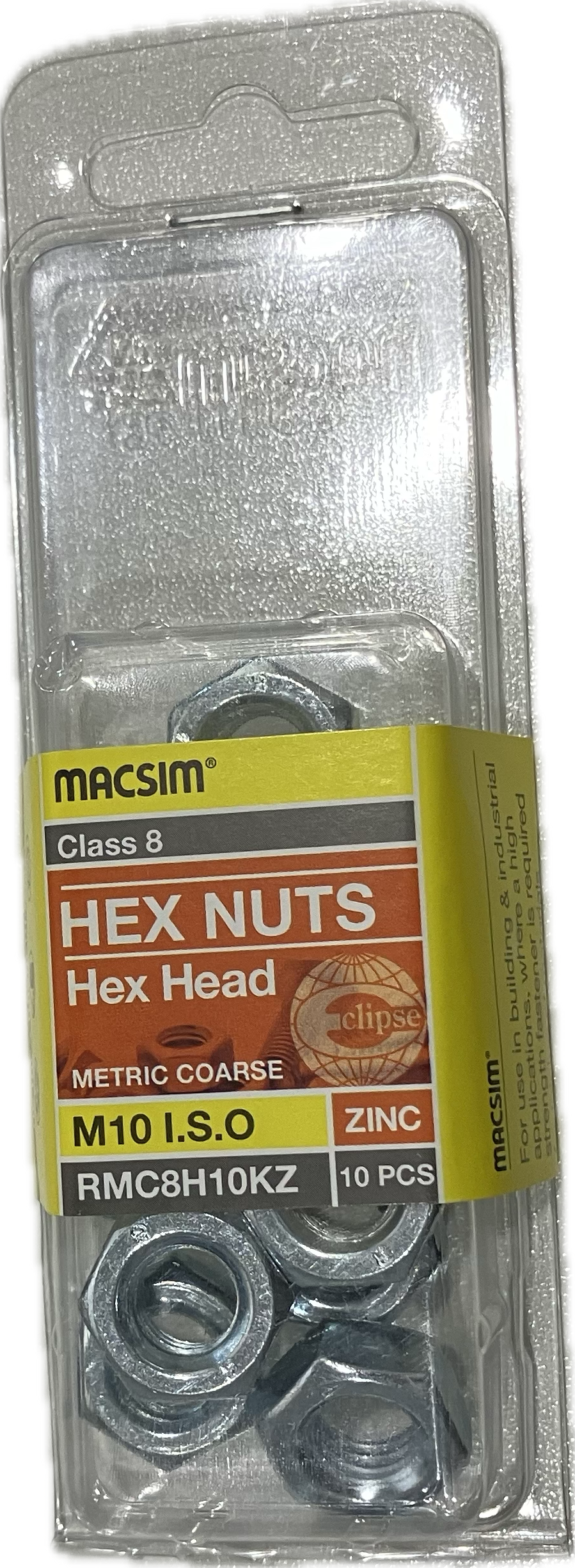 MACSIM HEX HEAD MATRIC COARSE CLASS 8 ZINC PLATED M10 HEX NUT (BLISTER PACK OF 10)