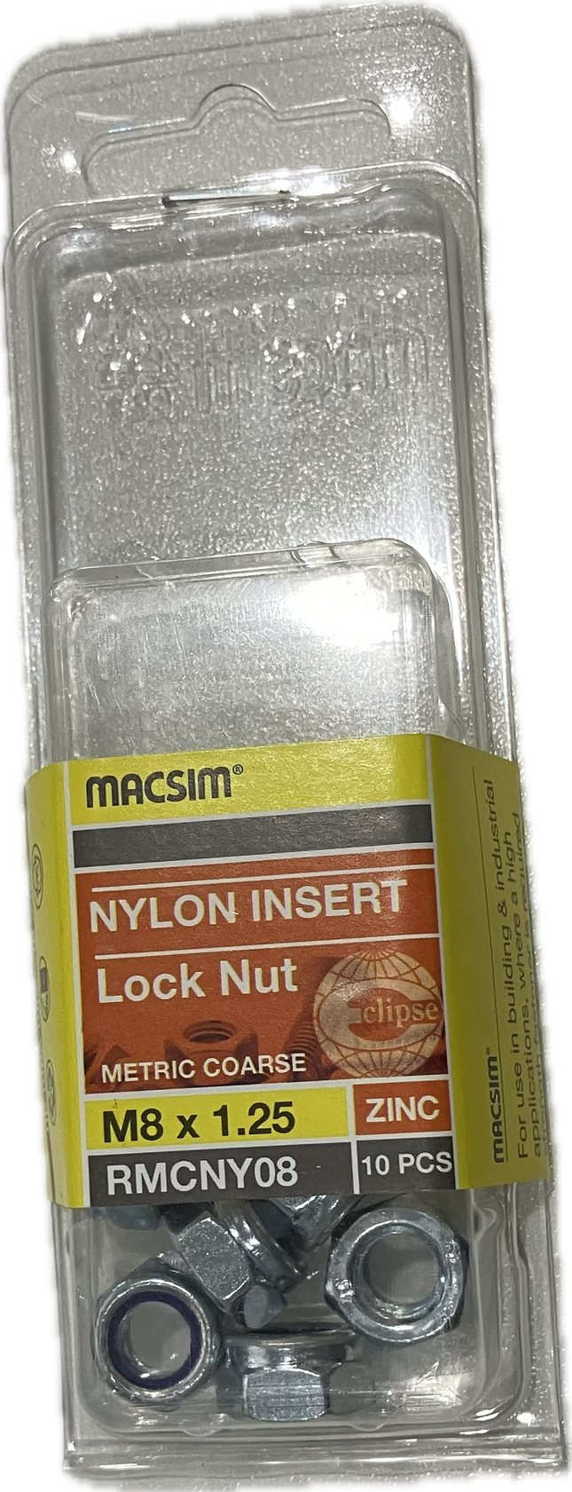 MACSIM HEX HEAD MATRIC COARSE NYLON INSERT ZINC PLATED M8 LOCK NUT (BLISTER PACK OF 10)