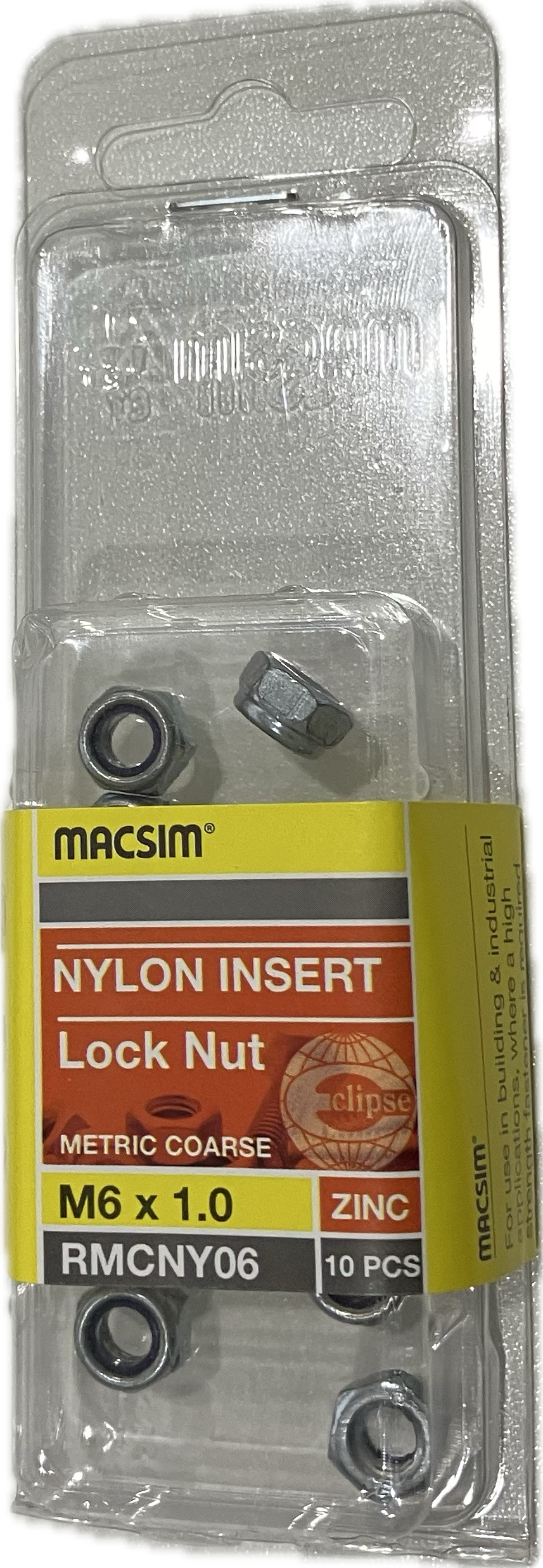 MACSIM HEX HEAD MATRIC COARSE NYLON INSERT ZINC PLATED M6 LOCK NUT (BLISTER PACK OF 10)