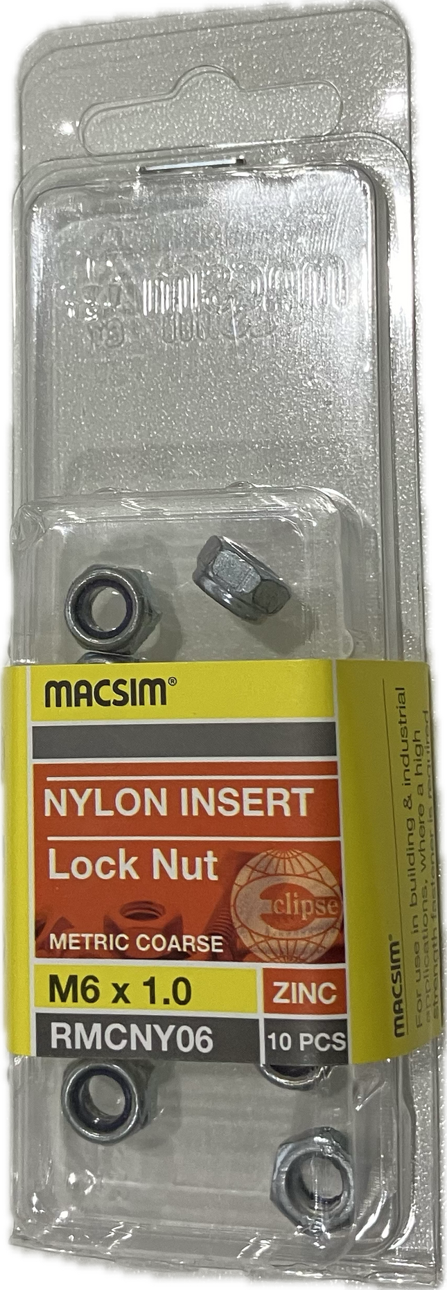 MACSIM HEX HEAD MATRIC COARSE NYLON INSERT ZINC PLATED M6 LOCK NUT (BLISTER PACK OF 10)