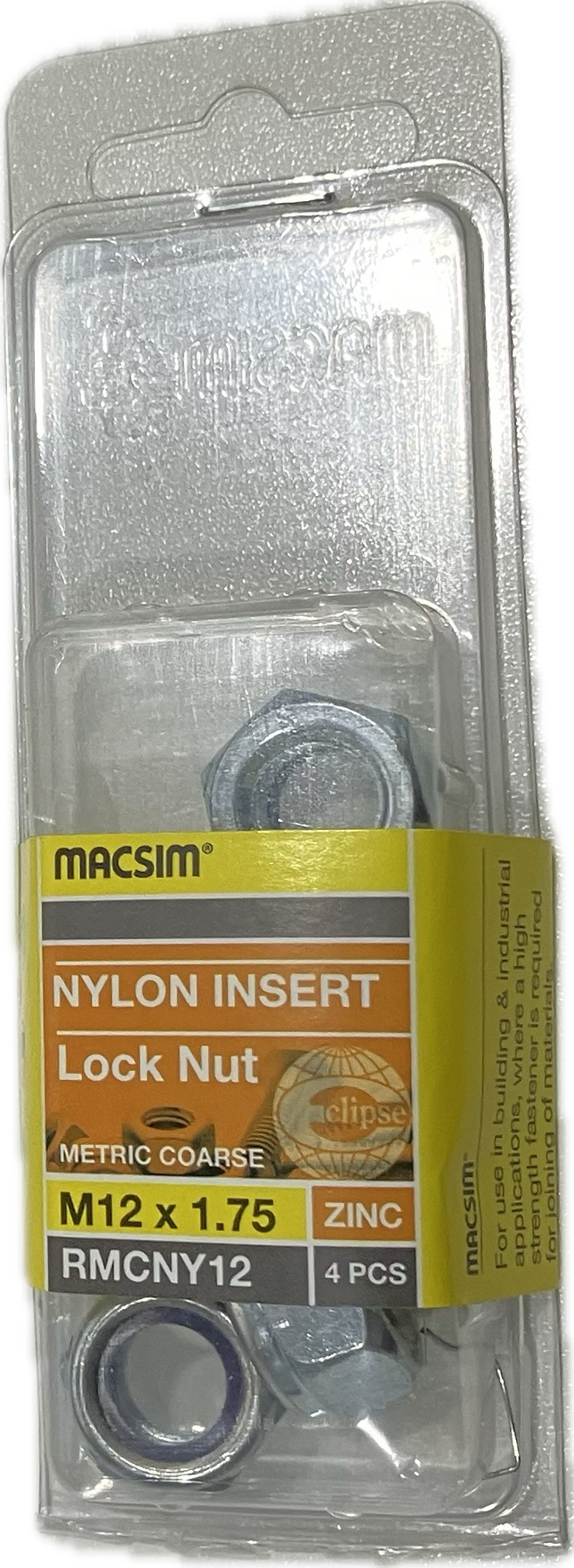 MACSIM HEX HEAD MATRIC COARSE NYLON INSERT ZINC PLATED M12 LOCK NUT (BLISTER PACK OF 4)