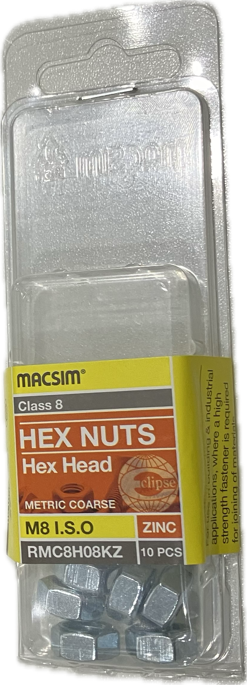 MACSIM HEX HEAD MATRIC COARSE CLASS 8 ZINC PLATED M8 HEX NUT (BLISTER PACK OF 10)
