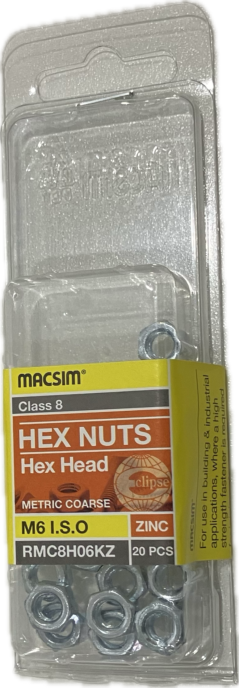 MACSIM HEX HEAD MATRIC COARSE CLASS 8 ZINC PLATED M6 HEX NUT (BLISTER PACK OF 20)