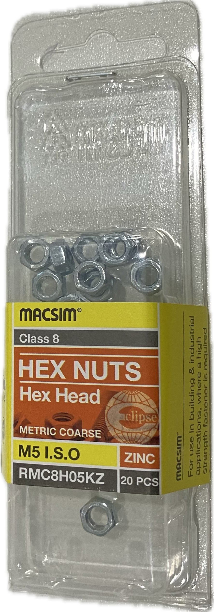 MACSIM HEX HEAD MATRIC COARSE CLASS 8 ZINC PLATED M5 HEX NUT (BLISTER PACK OF 20)