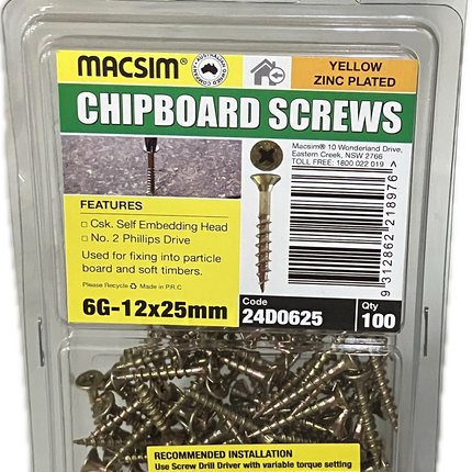 MACSIM CHIPBOARD COUNTERSUNK SELF EMBEDDING HEAD PHILLIPS DRIVE YELLOW ZINC PLATED 6G SCREW (BLISTER PACK OF 100)