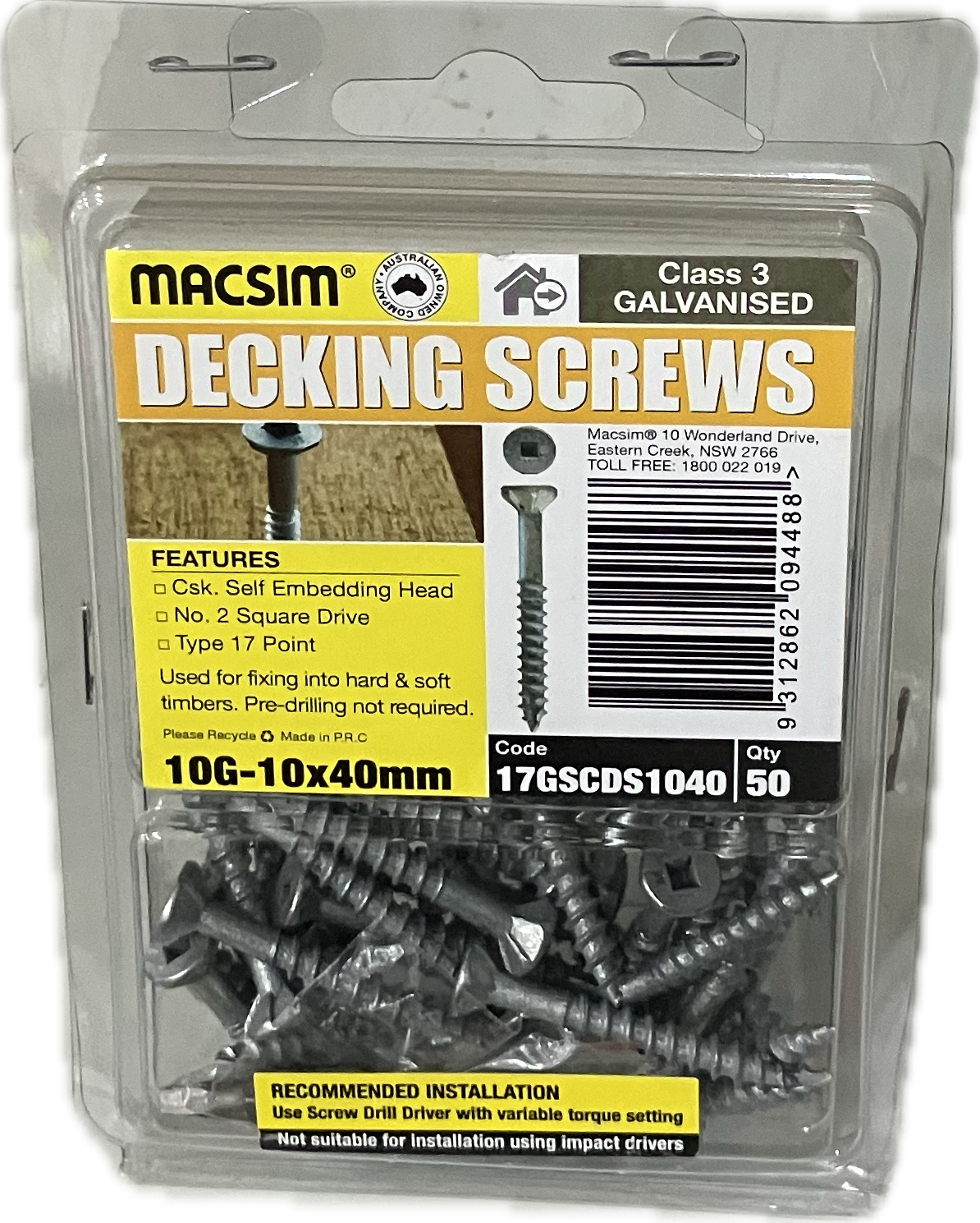 MACSIM DECKING COUNTERSUNK SELF EMBEDDING HEAD SQUARE DRIVE T17 C3 GALVANISED 10G SCREW (BLISTER PACK OF 50)