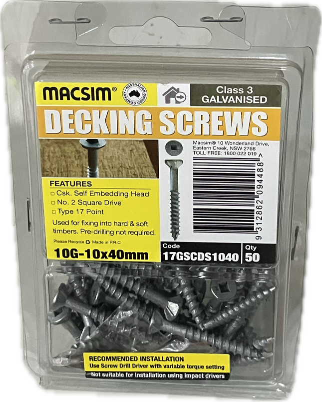MACSIM DECKING COUNTERSUNK SELF EMBEDDING HEAD SQUARE DRIVE T17 C3 GALVANISED 10G SCREW (BLISTER PACK OF 50)