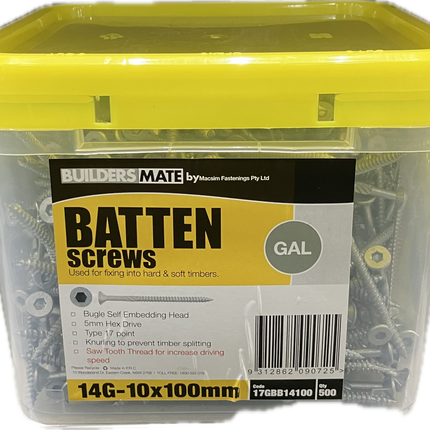 MACSIM BATTEN SCREW T17 C3 14Gx100MM (BOX OF 500)