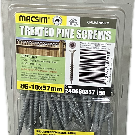 MACSIM TREATED PINE COUNTERSUNK SELF EMBEDDING HEAD SQUARE DRIVE GALVANISED 8G SCREW (BLISTER PACK OF 100 AND 50)
