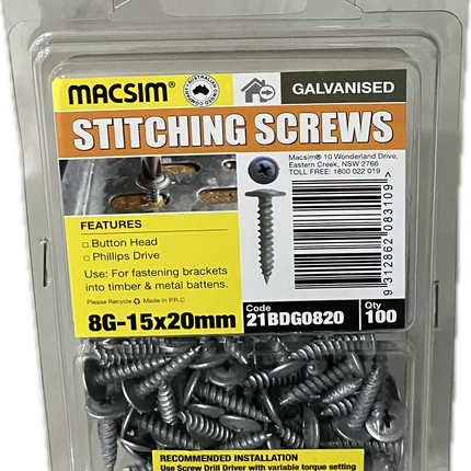 MACSIM STITCHING BUTTON HEAD PHILLIPS DRIVE GALVANISED 8G SCREW (BLISTER PACK OF 100)