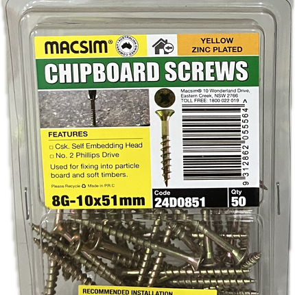 MACSIM CHIPBOARD COUNTERSUNK SELF EMBEDDING HEAD PHILLIPS DRIVE YELLOW ZINC PLATED 8G SCREW (BLISTER PACK OF 100 AND 50)