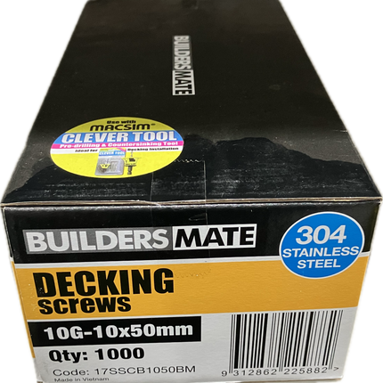 MACSIM BUILDERS MATE DECKING COUNTERSUNK SELF EMBEDDING HEAD SQUARE DRIVE T17 304 STAINLESS STEEL SCREW 10G-10x50MM (BOX OF 1000)