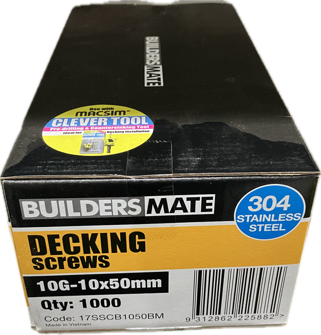 MACSIM BUILDERS MATE DECKING COUNTERSUNK SELF EMBEDDING HEAD SQUARE DRIVE T17 304 STAINLESS STEEL SCREW 10G-10x50MM (BOX OF 1000)