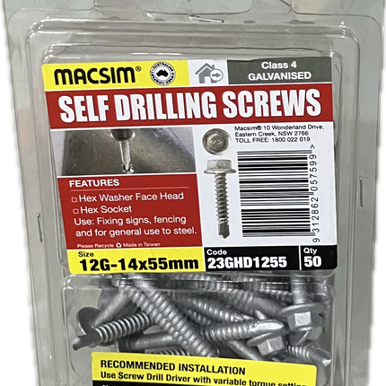 MACSIM SELF DRILLING HEX WASHER FACE HEAD HEX SOCKET C4 GALVANISED 12G SCREW (BLISTER PACK OF 50)