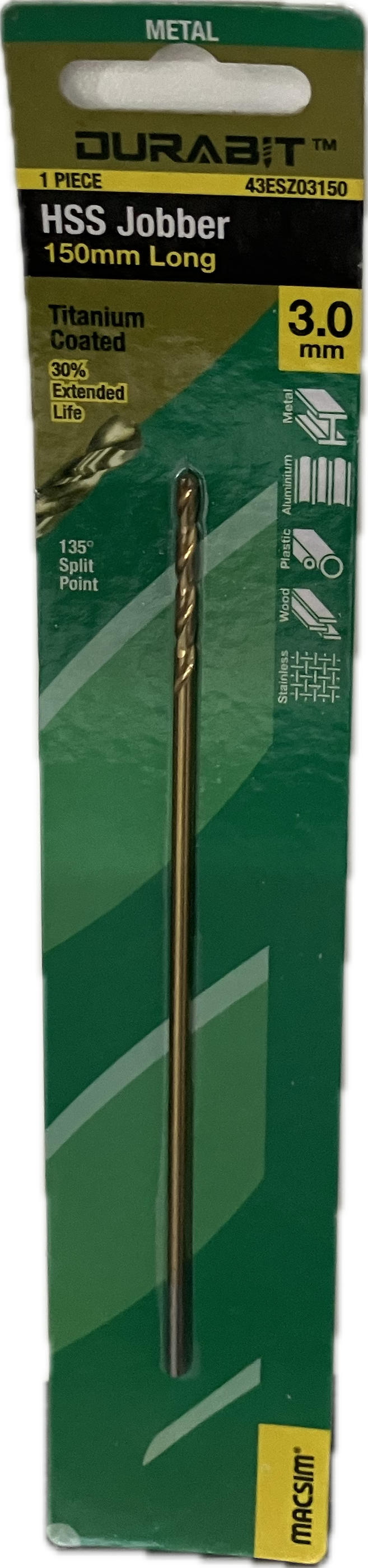 MACSIM DURABIT HSS JOBBER DRILL BIT- 150MM (HANG PACK OF 1)