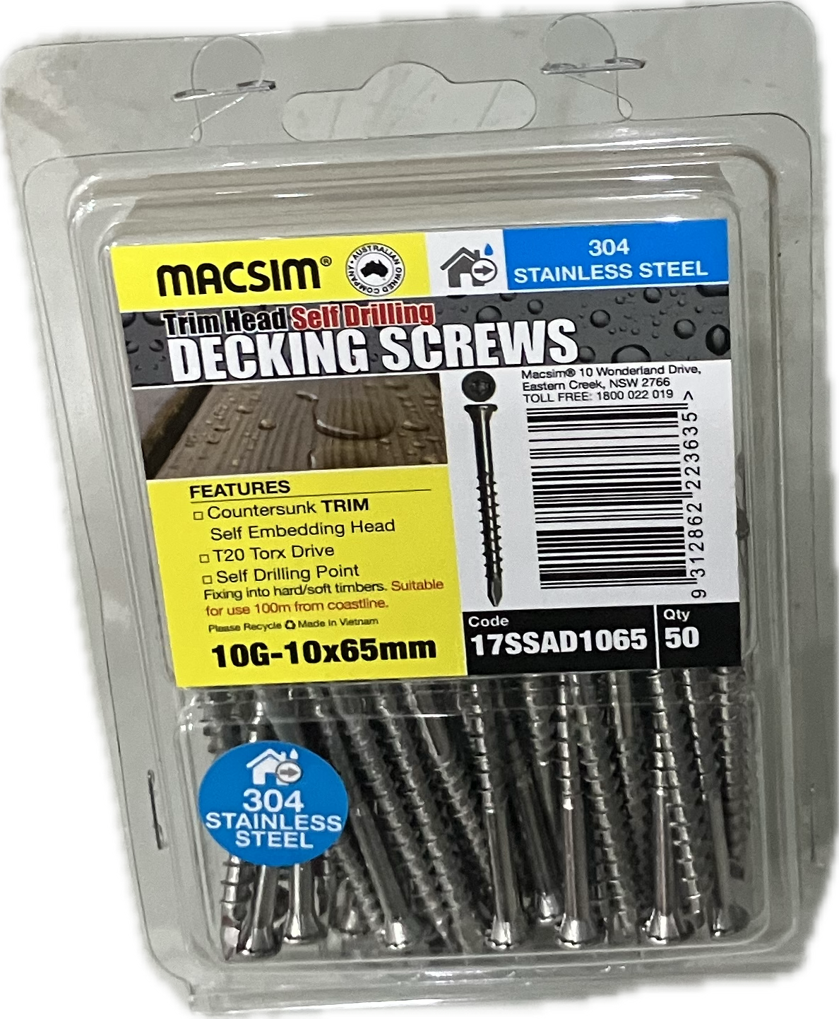 MACSIM DECKING COUNTERSUNK SELF EMBEDDING HEAD T20 STAR DRIVE 304 STAINLESS STEEL NAIL POINT 10G SCREW (BLISTER PACK OF 100)