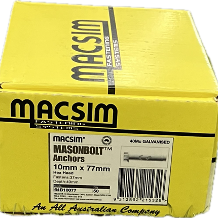 MACSIM MASON BOLT ANCHOR HEX HEAD 40MU GALVANISED (5.8 GRADE STEEL) 10MM