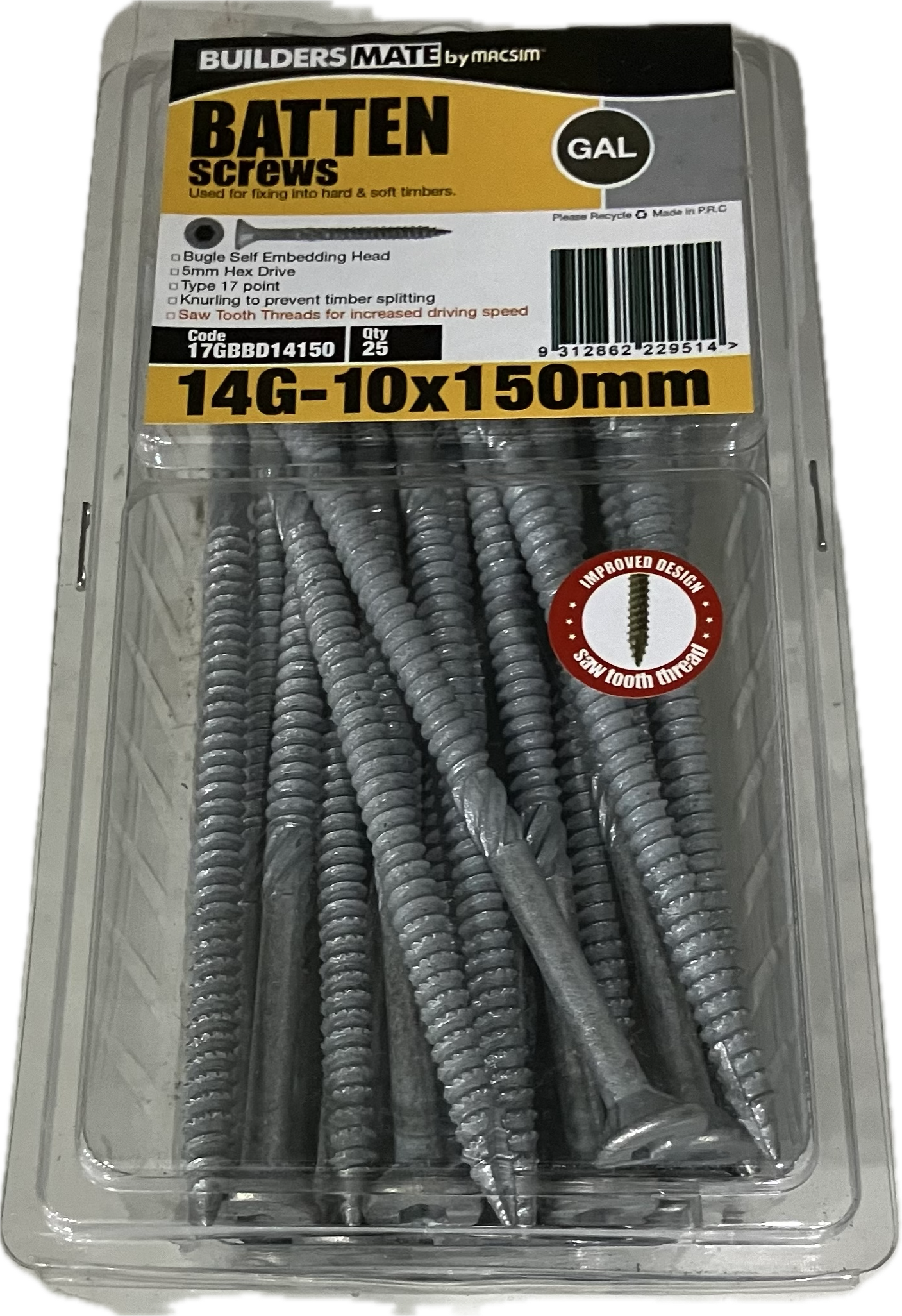 MACSIM BUILDERS MATE BATTEN T17 C3 BUGLE SELF EMBEDDING HEAD HEX DRIVE 14G SCREW (BLISTER PACK OF 25)
