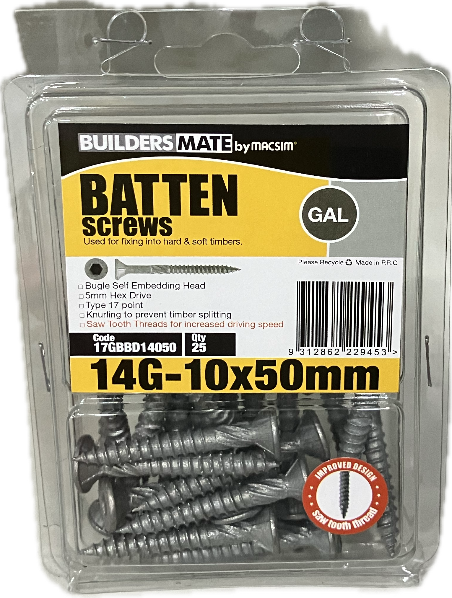 MACSIM BUILDERS MATE BATTEN T17 C3 BUGLE SELF EMBEDDING HEAD HEX DRIVE 14G SCREW (BLISTER PACK OF 25)