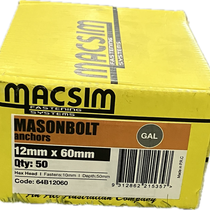 MACSIM MASON BOLT ANCHOR HEX HEAD 40MU GALVANISED (5.8 GRADE STEEL) 12MM