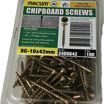 MACSIM CHIPBOARD COUNTERSUNK SELF EMBEDDING HEAD PHILLIPS DRIVE YELLOW ZINC PLATED 8G SCREW (BLISTER PACK OF 100 AND 50)