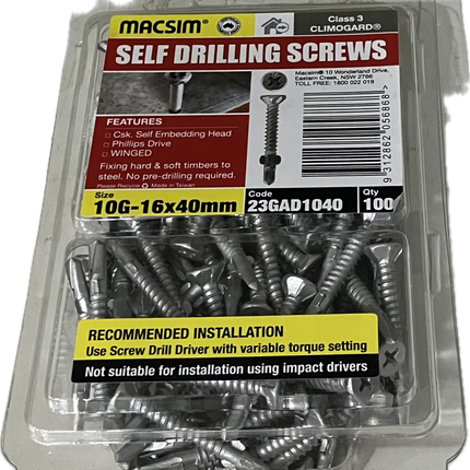 MACSIM SELF DRILLING COUNTERSUNK SELF EMBEDDING HEAD PHILLIPS DRIVE WINGED CLIMOGARD 10G SCREW (BLISTER PACK OF 50 AND 100)