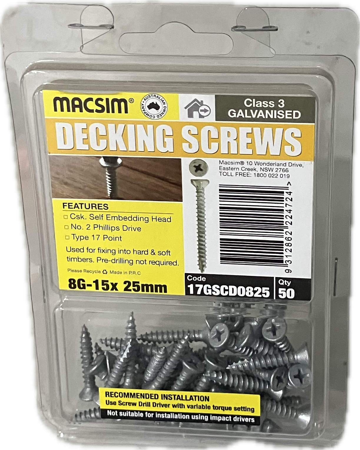 MACSIM DECKING COUNTERSUNK SELF EMBEDDING HEAD PHILLIPS DRIVE T17 C3 GALVANISED 8G SCREW (BLISTER PACK OF 50)