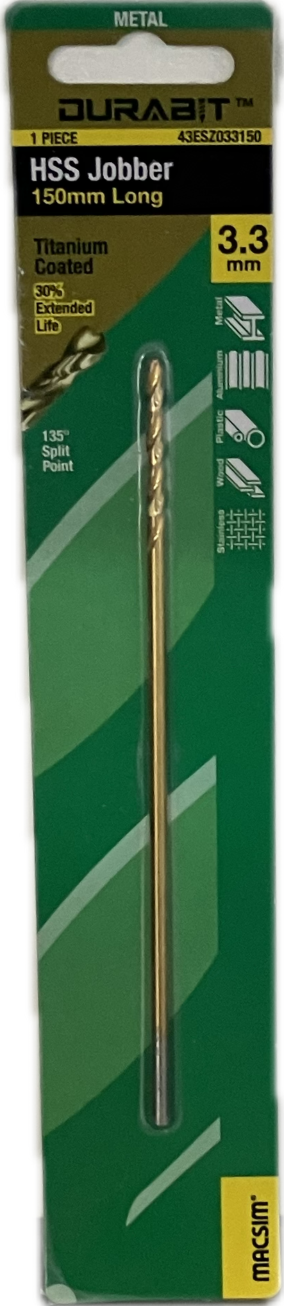 MACSIM DURABIT HSS JOBBER DRILL BIT- 150MM (HANG PACK OF 1)