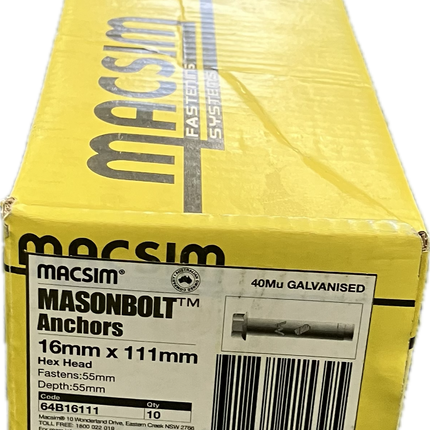 MACSIM MASON BOLT ANCHOR HEX HEAD 40MU GALVANISED (5.8 GRADE STEEL) 16MM