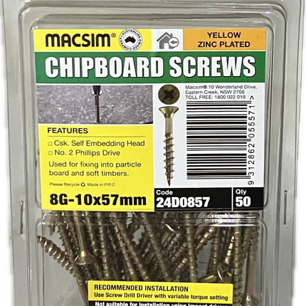 MACSIM CHIPBOARD COUNTERSUNK SELF EMBEDDING HEAD PHILLIPS DRIVE YELLOW ZINC PLATED 8G SCREW (BLISTER PACK OF 100 AND 50)