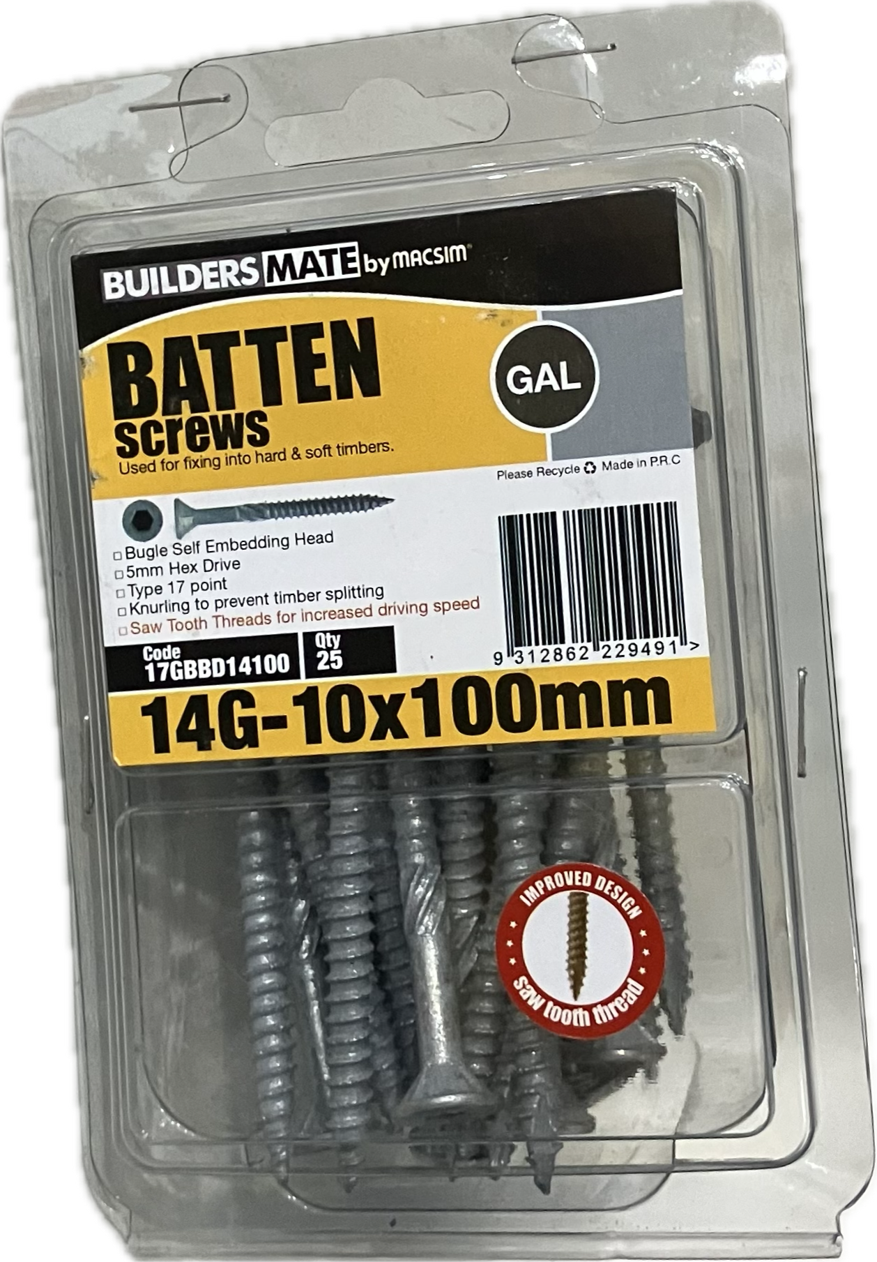 MACSIM BUILDERS MATE BATTEN T17 C3 BUGLE SELF EMBEDDING HEAD HEX DRIVE 14G SCREW (BLISTER PACK OF 25)