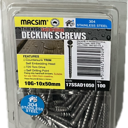 MACSIM DECKING COUNTERSUNK SELF EMBEDDING HEAD T20 STAR DRIVE 304 STAINLESS STEEL NAIL POINT 10G SCREW (BLISTER PACK OF 100)