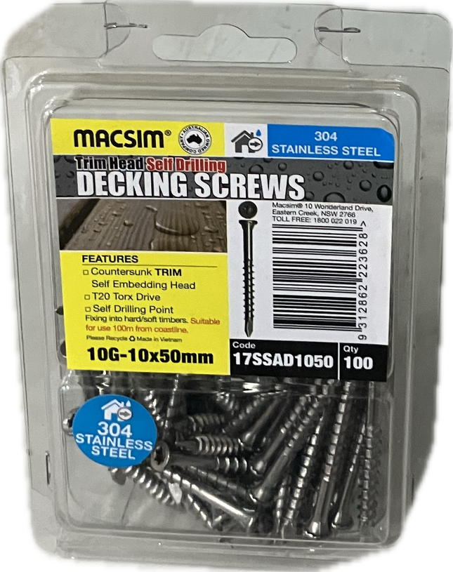 MACSIM DECKING COUNTERSUNK SELF EMBEDDING HEAD T20 STAR DRIVE 304 STAINLESS STEEL NAIL POINT 10G SCREW (BLISTER PACK OF 100)