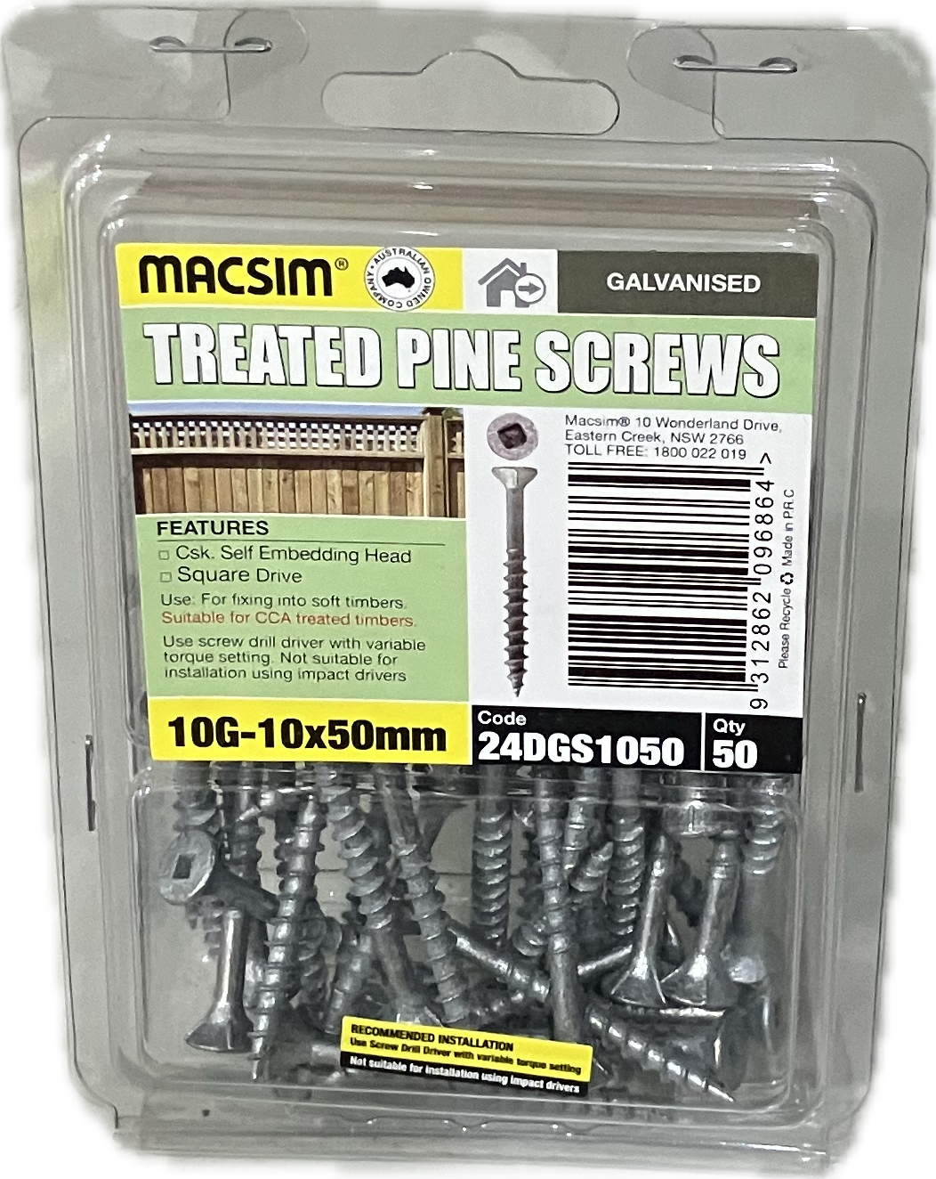 TREATED PINE GALVANISED 10G SCREW (BLISTER PACK OF 50)