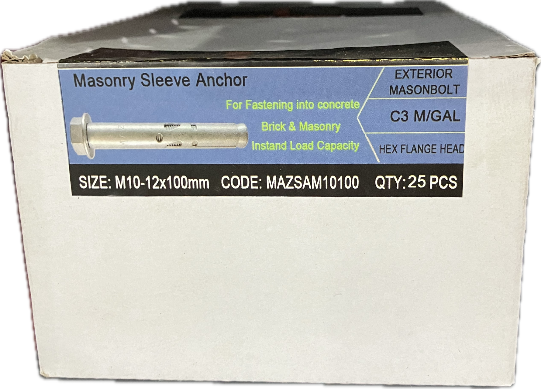 A box of 25 galvanised masonry anchors with hex flange heads, labeled for indoor and outdoor use, size M10-12x100mm.