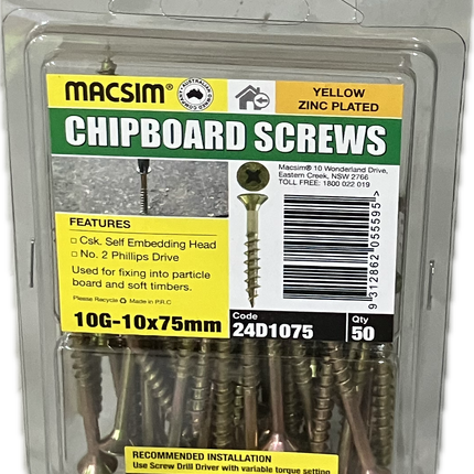 MACSIM CHIPBOARD COUNTERSUNK SELF EMBEDDING HEAD PHILLIPS DRIVE YELLOW ZINC PLATED 10G SCREW (BLISTER PACK OF 50)