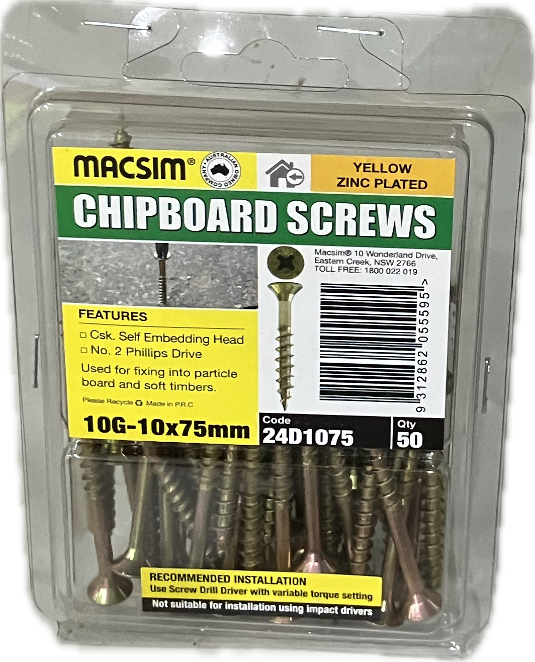 CHIPBOARD SCREWS- 10G (BLISTER PACK OF 50)