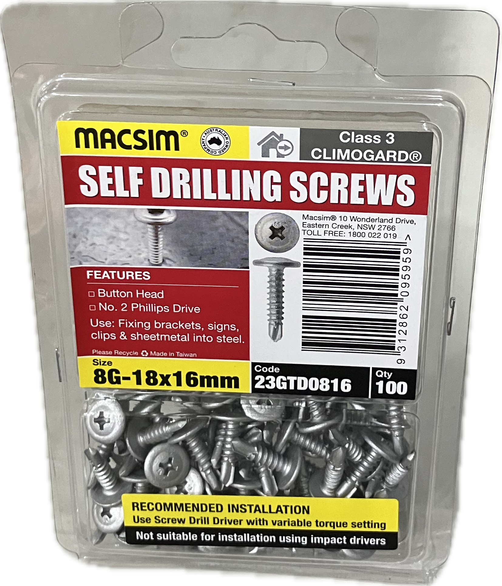 MACSIM SELF DRILLING BUTTON HEAD CLIMOGARD PHILLIPS DRIVE C3 8G SCREW (BLISTER PACK OF 100)