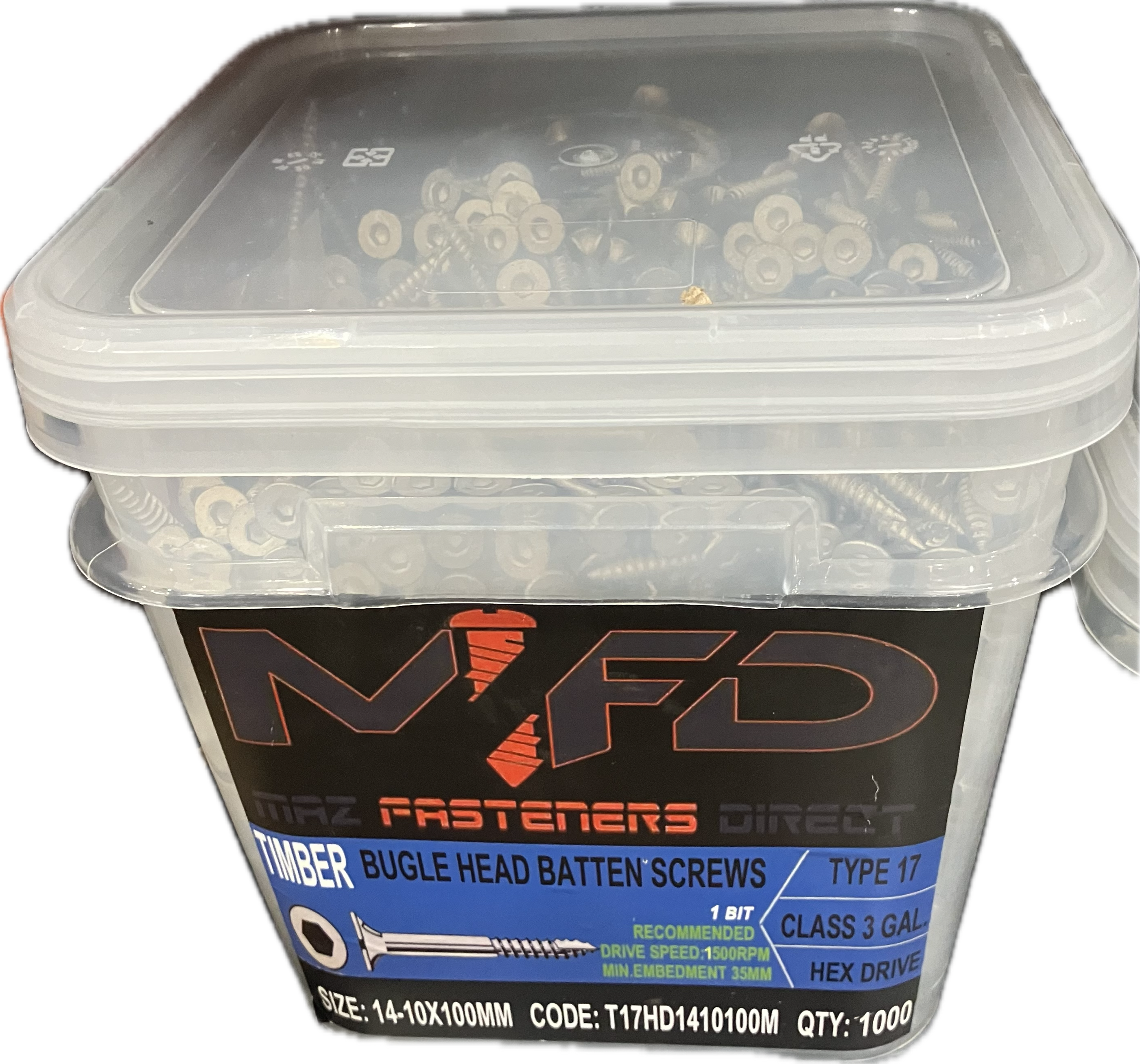 MFD TIMBER BUGLE HEAD HEX DRIVE TYPE 17 GALVANISED BATTEN SCREWS 14-10x125MM (BOX OF 1000)