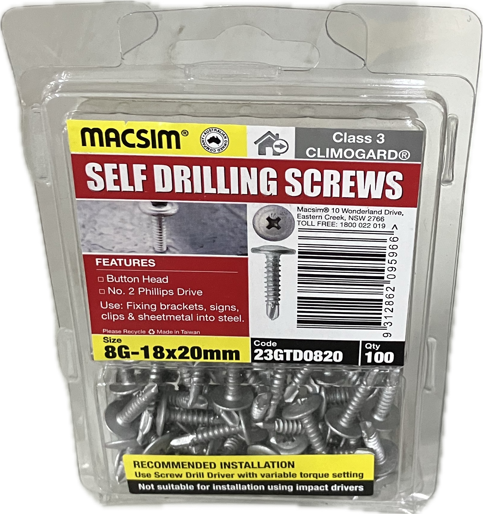 MACSIM SELF DRILLING BUTTON HEAD CLIMOGARD PHILLIPS DRIVE C3 8G SCREW (BLISTER PACK OF 100)