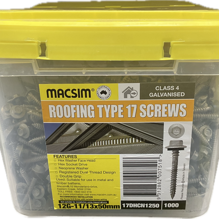 MACSIM ROOFING HEX SOCKET DRIVE NEOPRENE DOUBLE GRIP TYPE 17 C4 SCREWS 12G-11/13x50MM (BOX OF 1000)