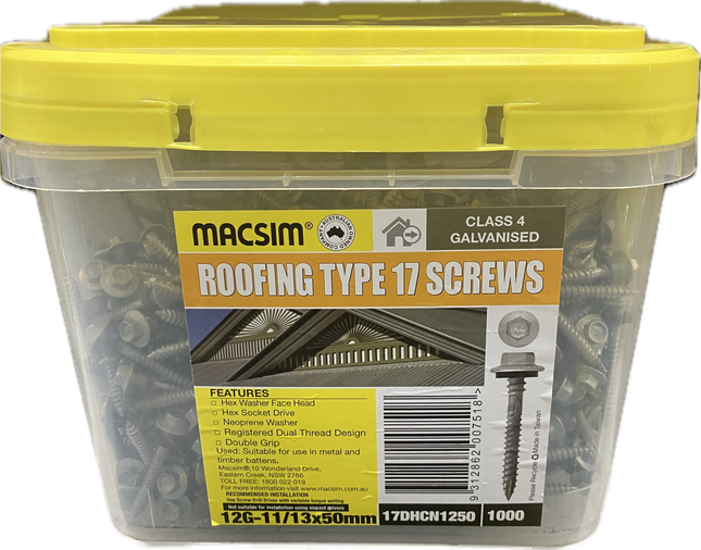 MACSIM ROOFING HEX SOCKET DRIVE NEOPRENE DOUBLE GRIP TYPE 17 C4 SCREWS 12G-11/13x50MM (BOX OF 1000)