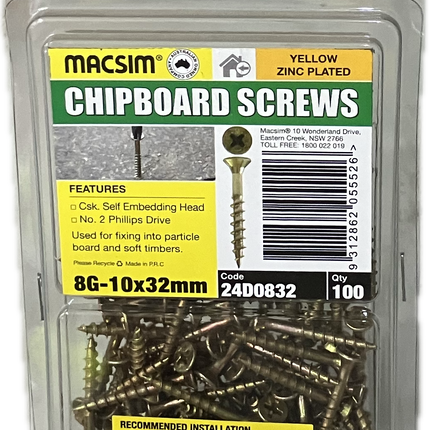 MACSIM CHIPBOARD COUNTERSUNK SELF EMBEDDING HEAD PHILLIPS DRIVE YELLOW ZINC PLATED 8G SCREW (BLISTER PACK OF 100 AND 50)