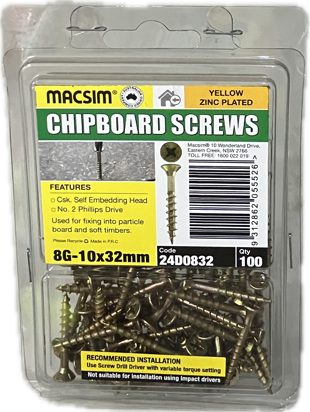 CHIPBOARD SCREWS- 8G (BLISTER PACK OF 100 AND 50)