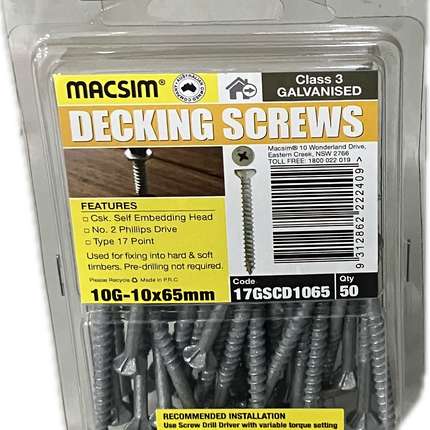 MACSIM DECKING COUNTERSUNK SELF EMBEDDING HEAD PHILLIPS DRIVE T17 C3 GALVANISED 10G SCREW (BLISTER PACK OF 50)