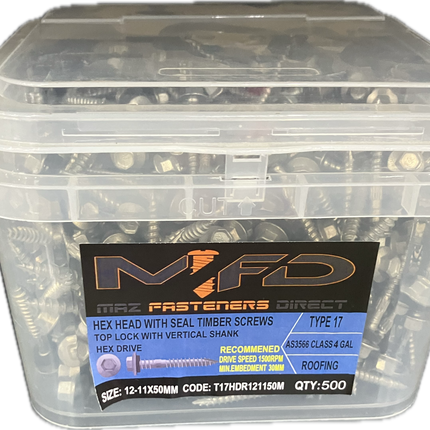 MFD ROOFING HEX HEAD TYPE 17 GALVANISED TIMBER SCREWS 12-11x50MM (BOX OF 500)
