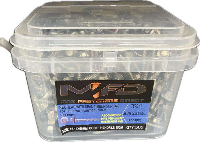 MFD ROOFING HEX HEAD TYPE 17 GALVANISED TIMBER SCREWS 12-11x50MM (BOX OF 500)