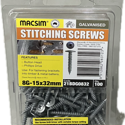 MACSIM STITCHING BUTTON HEAD PHILLIPS DRIVE GALVANISED 8G SCREW (BLISTER PACK OF 100)