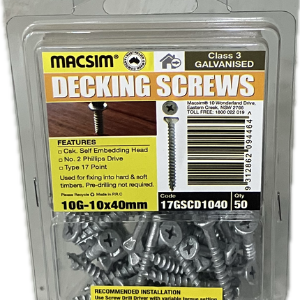 MACSIM DECKING COUNTERSUNK SELF EMBEDDING HEAD PHILLIPS DRIVE T17 C3 GALVANISED 10G SCREW (BLISTER PACK OF 50)