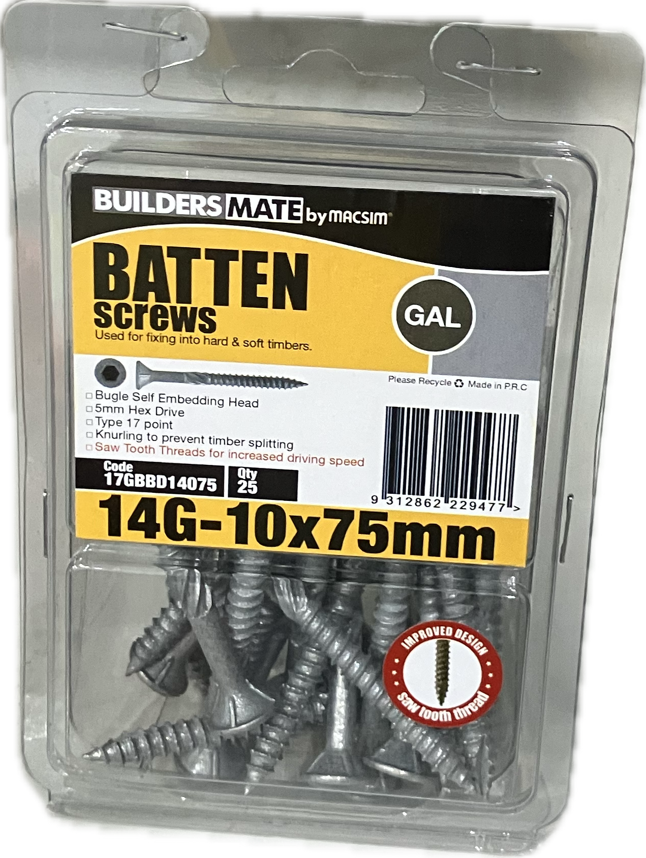 MACSIM BUILDERS MATE BATTEN T17 C3 BUGLE SELF EMBEDDING HEAD HEX DRIVE 14G SCREW (BLISTER PACK OF 25)